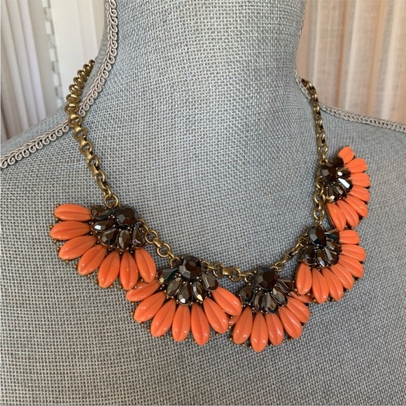 J. Crew Coral and Gold Flower Rhinestone Necklace, Statement Necklace - Picture 3 of 16